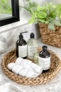 bathroom décor with woven trays: why the trend is here to stay