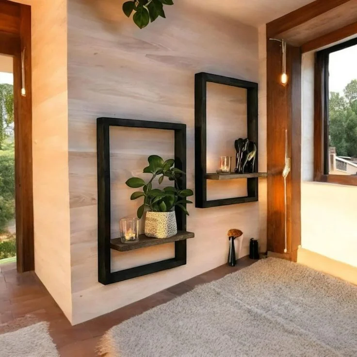 Integrating Natural Wood Shelves in the Living Room
