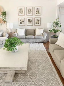 living room décor with light neutral rugs – why it works