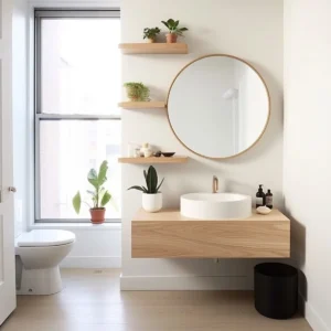 small bathroom floating shelf styling: why it works in tight spaces