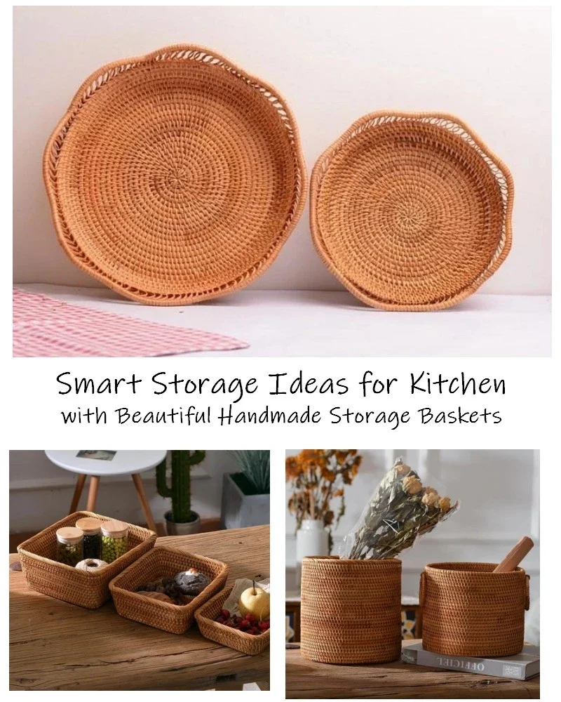 Strategic placement of woven storage baskets in the kitchen