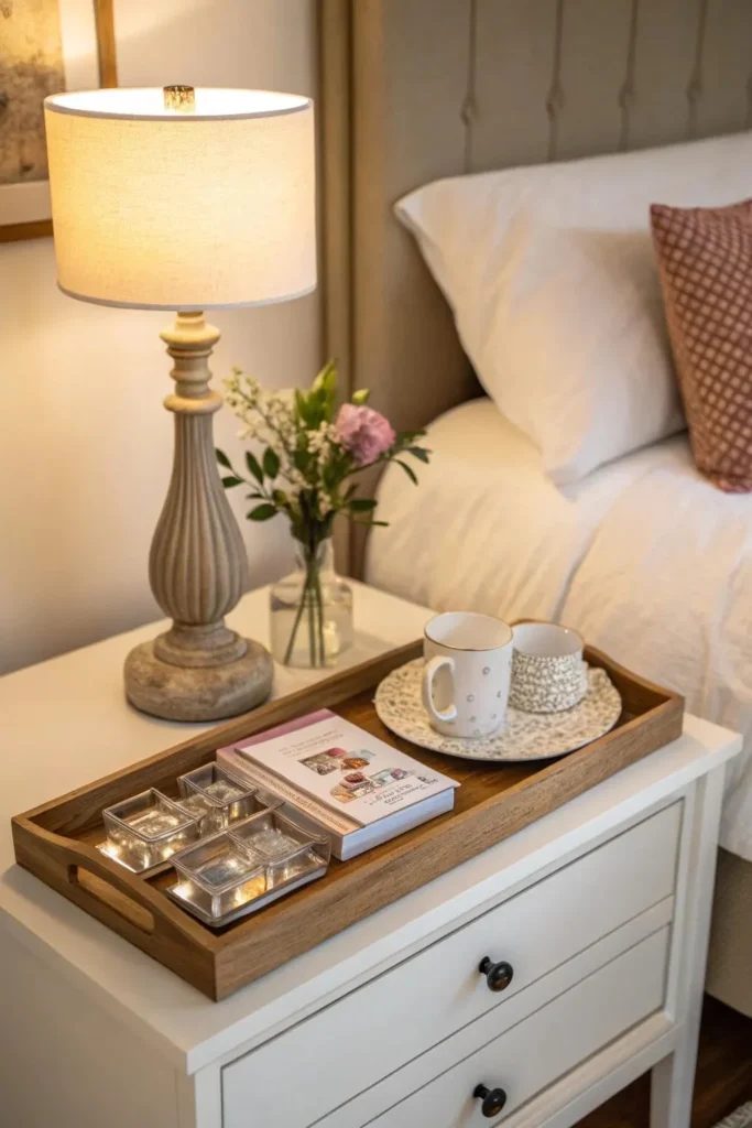 Bedroom nightstand upgrade with DIY décor with simple wood trays