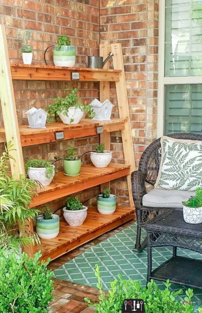 Freestanding plant shelves that double as storage